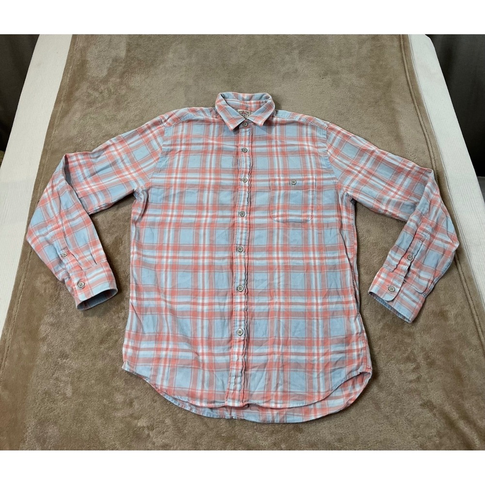 Faherty Brand Shirt Men's size M Orange Blue Plaid Cotton Button Up long sleeve